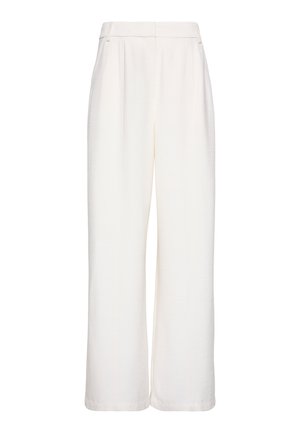 Witte hoge taille wijde broek met subtiele voorplooien en riemlussen, weergegeven op een effen witte achtergrond.