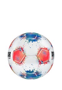 Palla da calcio bianca con motivi colorati di schizzi in rosso, blu e verde. Presenta una superficie testurizzata e un marchio nero.