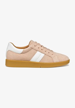 Suede sneaker in light pink with white accents. Features round toe, flat laces, and a gum rubber sole. Smooth texture and clean design.