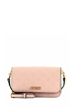 Sac bandoulière en cuir rose avec motif de logo embossé, ferrures dorées et une sangle amovible. Dispose d'un rabat pliant comme fermeture.