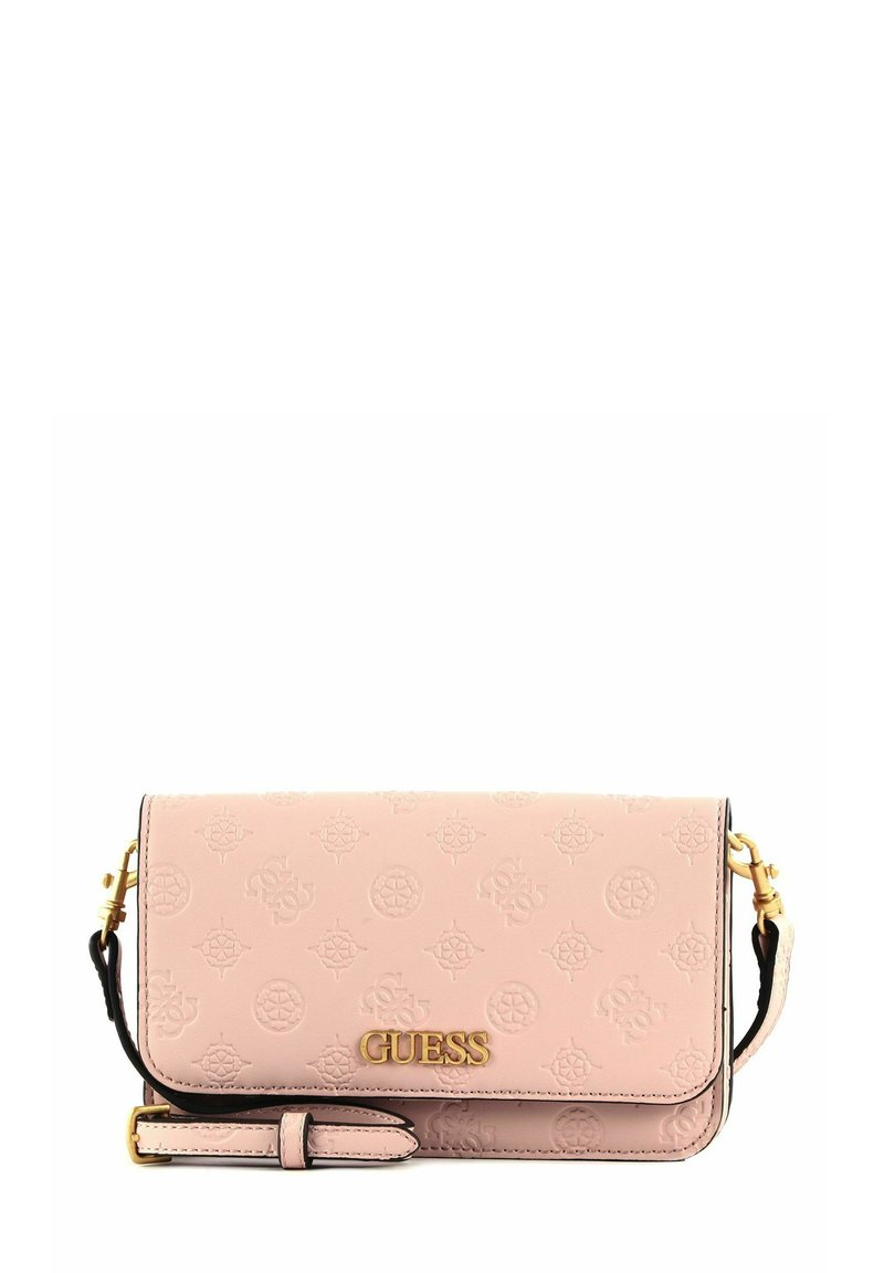 Sac bandoulière en cuir rose avec motif de logo embossé, ferrures dorées et une sangle amovible. Dispose d'un rabat pliant comme fermeture.