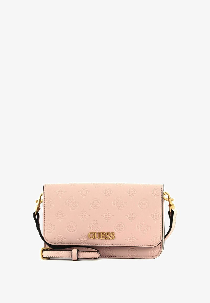 Sac bandoulière en cuir rose avec motif de logo embossé, ferrures dorées et une sangle amovible. Dispose d'un rabat pliant comme fermeture.