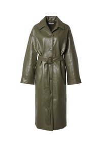 Olijfgroene, faux leren jas met een kraag, knoopsluiting, brede mouwen en een bijpassende riem in de taille.