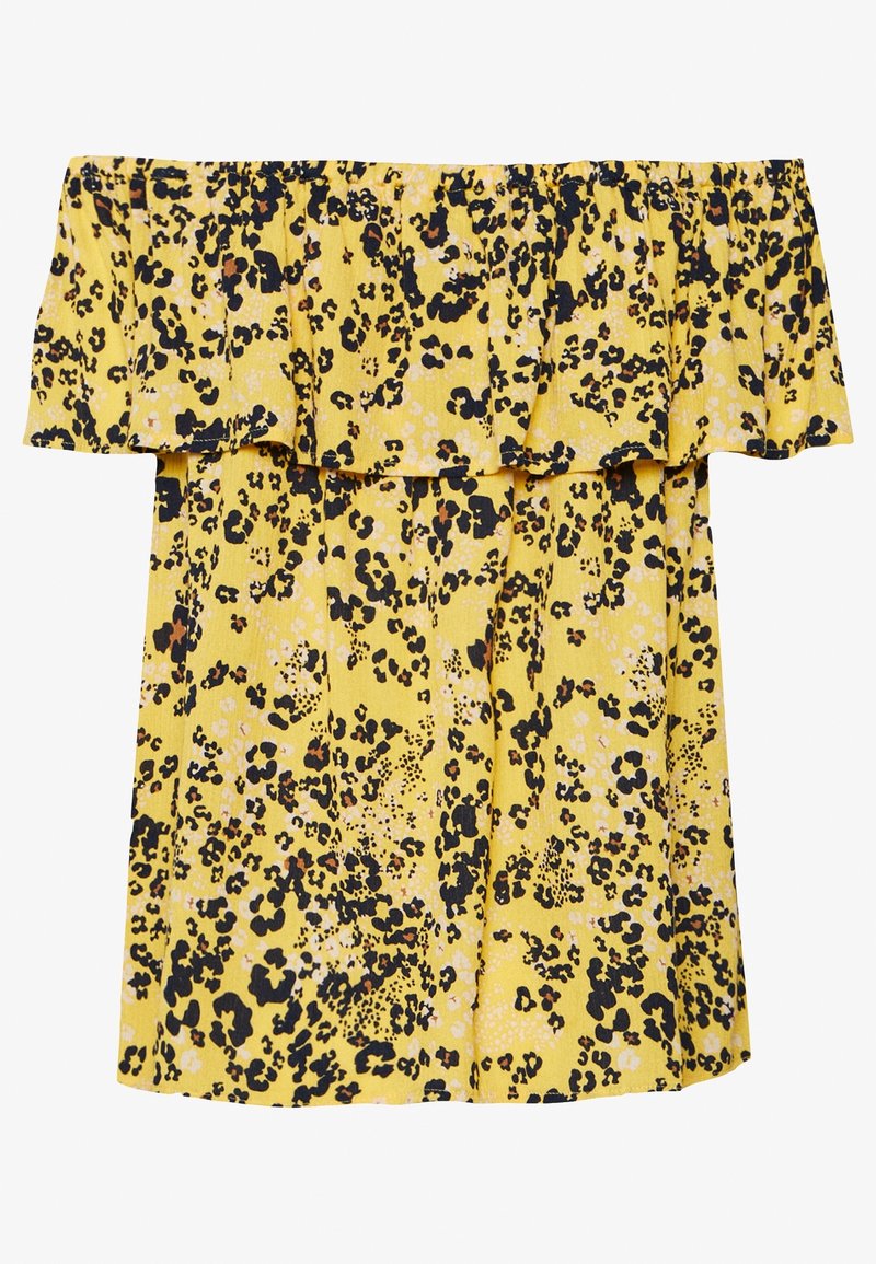 Haut jaune épaules dénudées orné de taches léopard noires et roses, avec des volants superposés autour de l'encolure et une texture de tissu douce.