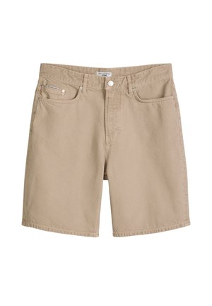 Beige denim shorts with front button, belt loops, and five-pocket design, including a small coin pocket on the right side.