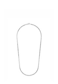 Collar de cadena de plata con intrincados eslabones entrelazados y un cierre de langosta sobre un fondo blanco.