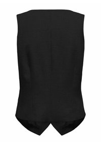 Top senza maniche nero con un design strutturato, caratterizzato da una cucitura posteriore e un orlo curvo unico, realizzato in un tessuto liscio.