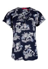 Blouse bleu marine à manches courtes avec imprimé blanc de palmiers tropicaux et feuillages, col rond et petit détail noué à l'avant.
