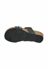 Sole di sandalo nera con motivo, dotata di una presa testurizzata a zigzag. Sottopiede in sughero visibile, che mostra un mix di materiali e design con cinturino regolabile.