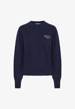 Maglione blu navy realizzato in tessuto morbido, dotato di un collo rotondo a coste e polsini, con la scritta "BALL" ricamata in bianco sopra l'orlo.