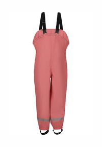 Rosa vandtætte overalls med justerbare sorte skulderstropper, elastiske manchetter og reflekterende detaljer ved anklerne. Glat, struktureret stof.