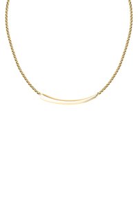 Collana in oro con una delicata catena e un pendente a barra curva. La catena è finemente intrecciata; il pendente ha una superficie liscia e lucida.