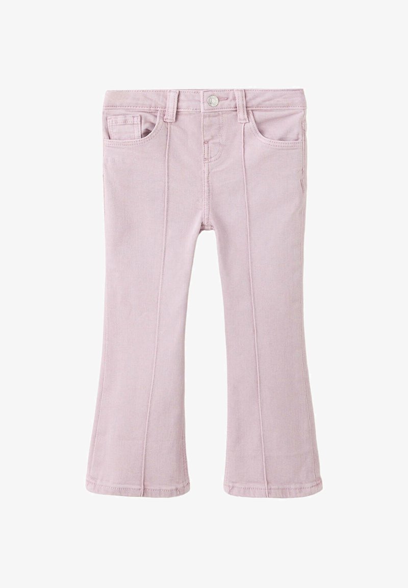 Pantalon évasé rose clair pour tout-petit avec bouton à l'avant, passants de ceinture et deux poches latérales sur fond blanc.