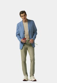 Hellblaues, zerknittertes Blazer, beiger Pullover, olivgrüne Hose und cremefarbene Sneaker. Hält eine rote Blume in der Hand. Einfaches und sauberes Design.