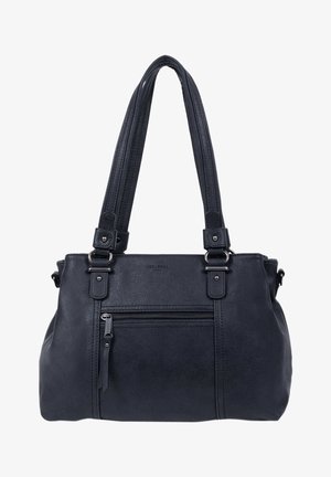 Bolso tote de piel sintética negra con dos asas largas, bolsillo frontal con cremallera y detalles de costura sutiles. Textura suave con un diseño estructurado.