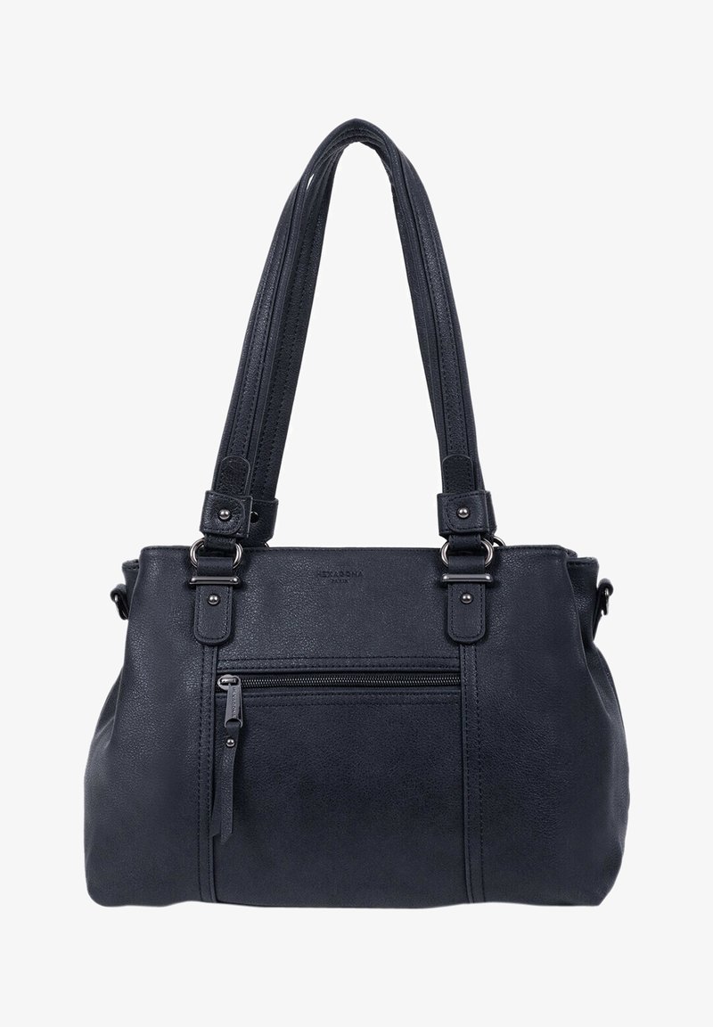 Sac fourre-tout en similicuir noir avec deux longues anses, poche zippée à l'avant et détails de surpiqûres discrètes. Texture lisse avec un design structuré.