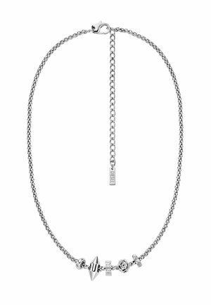 Halskette aus silberfarbenem Metall mit dekorativen Akzenten: Spitzen, Rose und runde Glieder. Strukturierter Entwurf mit einem Karabinerverschluss.