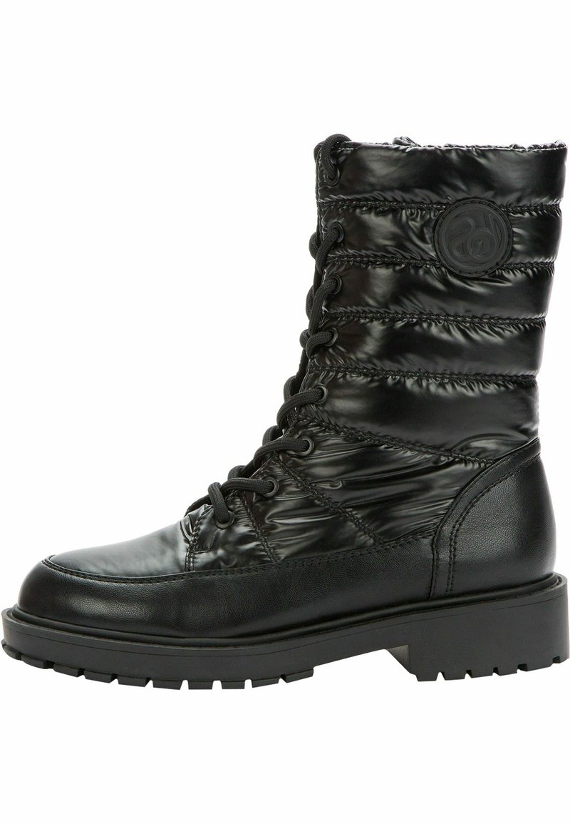 Svarta vinterstövlar med en puffig, vadderad ovandel, lägre del i läder, rund tå, snörningsdesign och strukturerad svart gummisula.