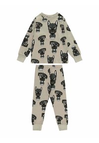 Cotton pajama set featuring a long-sleeve top and pants, both with a repeated cartoon dog print in gray and black on a beige background.