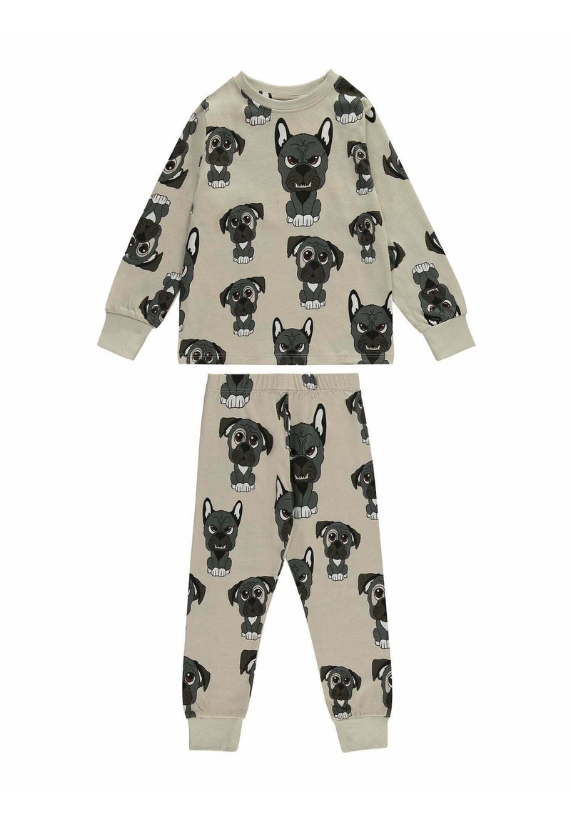 Cotton pajama set featuring a long-sleeve top and pants, both with a repeated cartoon dog print in gray and black on a beige background.