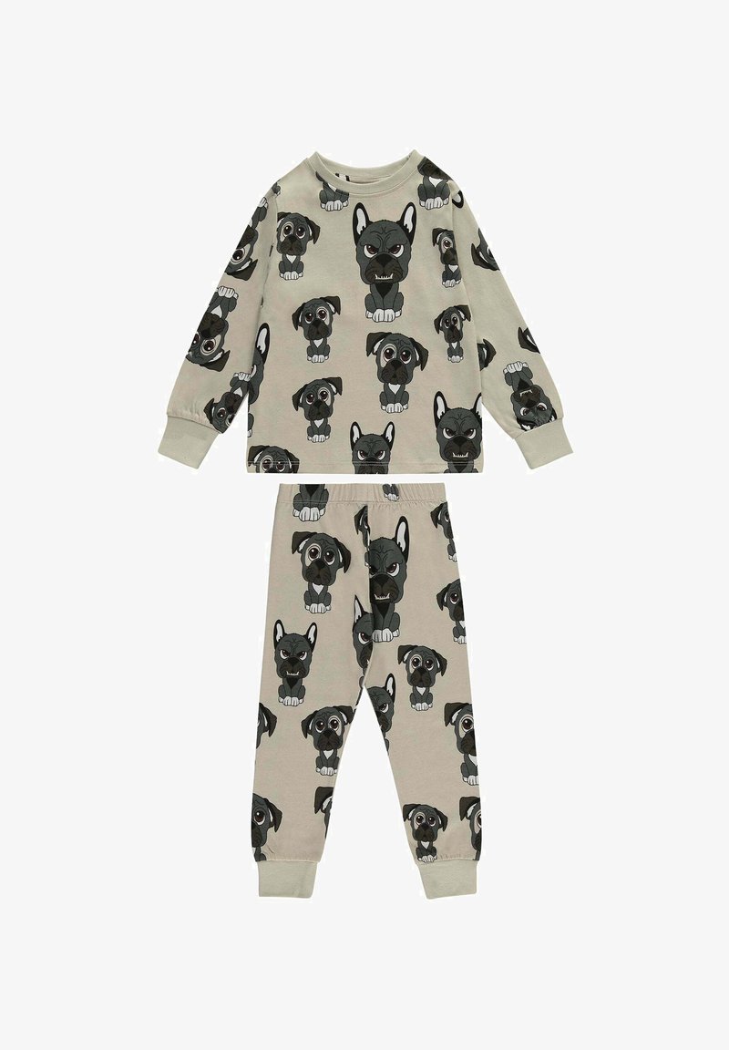 Cotton pajama set featuring a long-sleeve top and pants, both with a repeated cartoon dog print in gray and black on a beige background.