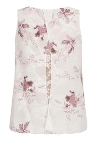 Top sans manches à motif floral en rose clair et crème, avec une insertion en dentelle dans le dos, ayant une coupe décontractée et un col rond.