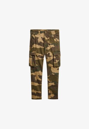 Men's camouflage cargo pants with button closure, side pockets, and flapped thigh pockets, displayed against a white background.