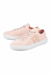 Zapatillas de malla rosas con suelas de goma blancas. Presenta una punta redondeada, diseño con cordones y acentos dorados en el lateral. Textura ligera.
