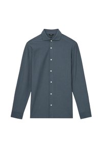 Camisa de manga larga en tejido a rayas azul oscuro, con diseño de botones al frente, collar puntiagudo y botones blancos visibles, con una textura suave.