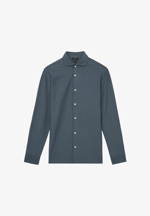 Langærmet skjorte i mørkeblå stribet stof, med knap-front design, spidse kraver og synlige hvide knapper, med en glat overflade.