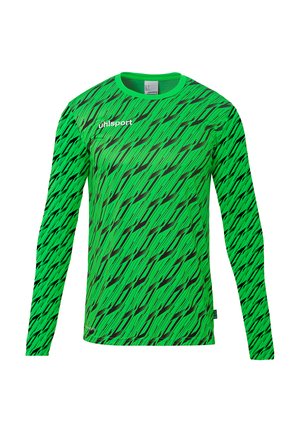 Groen sportshirt met lange mouwen, zwart diagonaal streeppatroon, ronde hals en wit "uhlsport"-logo op de borst.
