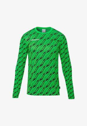 Maillot de sport vert à manches longues avec motif de rayures diagonales noires, col rond, et logo blanc «uhlsport» sur la poitrine.