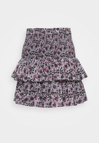 Gonna a fantasia floreale nera e rosa con vita smock e strati arricciati. Tessuto leggero con una finitura testurizzata.