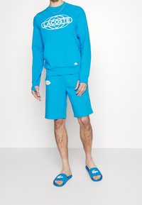 Blue cotton sweatshirt with white logo, matching blue shorts, and blue slide sandals featuring a white logo. Smooth texture, sporty design.