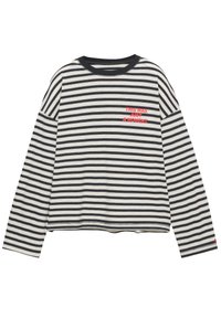 Gestreept shirt met lange mouwen met zwarte en witte horizontale lijnen, een zwarte kraag en rode tekst op de borst met de tekst "DIT WAS SLECHTS EEN MOMENT."