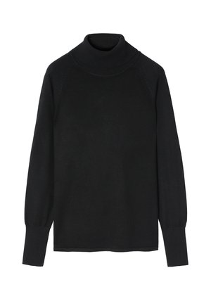 Schwarzer Rollkragenpullover aus weichem Material, mit Raglanärmeln und geripptem Kragen, mit glatter Oberfläche und ohne sichtbare Muster.