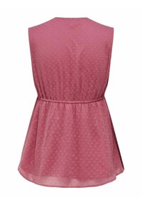 Blouse sans manches rose poudré avec motif à pois texturé, taille cintrée et ourlet légèrement évasé, vue de dos sur fond blanc.