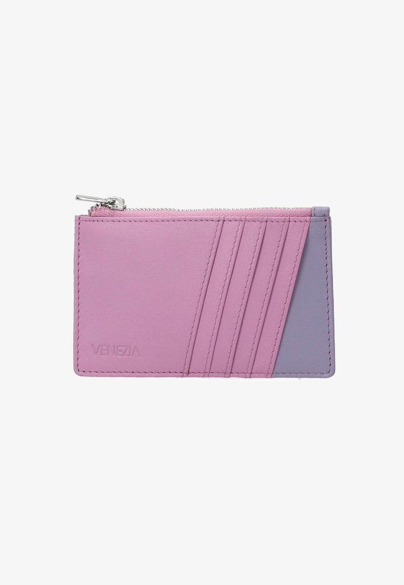 Venezia wallet in pink and lavender leather with a zip closure, four card slots, and diagonal stitch accents. Smooth texture.