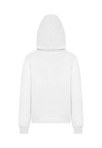 White hoodie with a drawstring hood, ribbed cuffs and hem, and smooth, soft texture. Features a minimalist design with no visible branding.