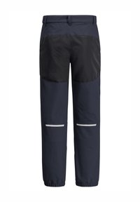 Pantaloni da esterno blu navy con inserti in tessuto nero, strisce riflettenti sulle cosce e polsini elasticizzati per una vestibilità sicura. Texture liscia, design durevole.