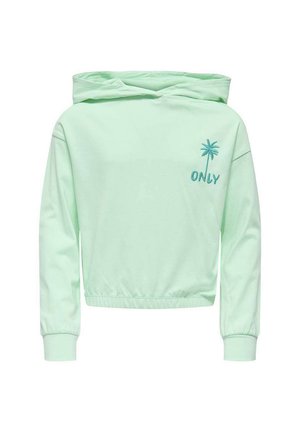 Sweat à capuche court vert clair, manches longues, poignets élastiques, capuche, avec un petit palmier brodé et le texte "ONLY" sur la poitrine.