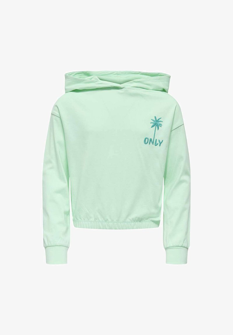 Sweat à capuche court vert clair, manches longues, poignets élastiques, capuche, avec un petit palmier brodé et le texte "ONLY" sur la poitrine.