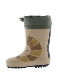 Botte de pluie pour enfant en caoutchouc beige, ornée d'un design de visage de lion avec des détails géométriques pour la crinière, un revers vert et une semelle texturée.
