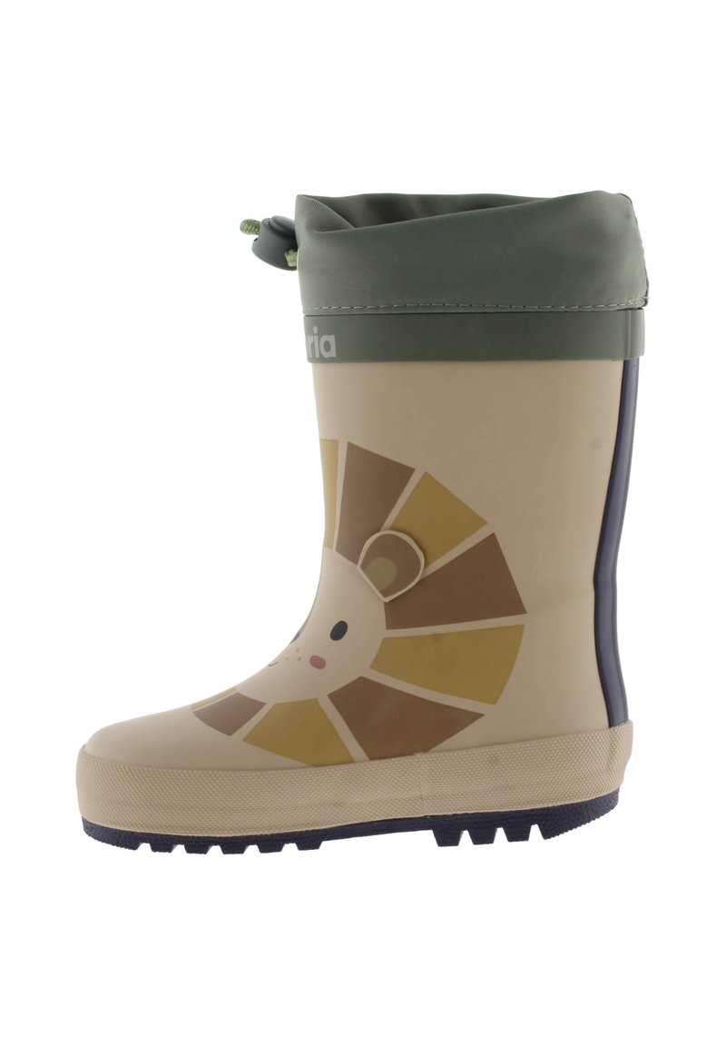 Botte de pluie pour enfant en caoutchouc beige, ornée d'un design de visage de lion avec des détails géométriques pour la crinière, un revers vert et une semelle texturée.
