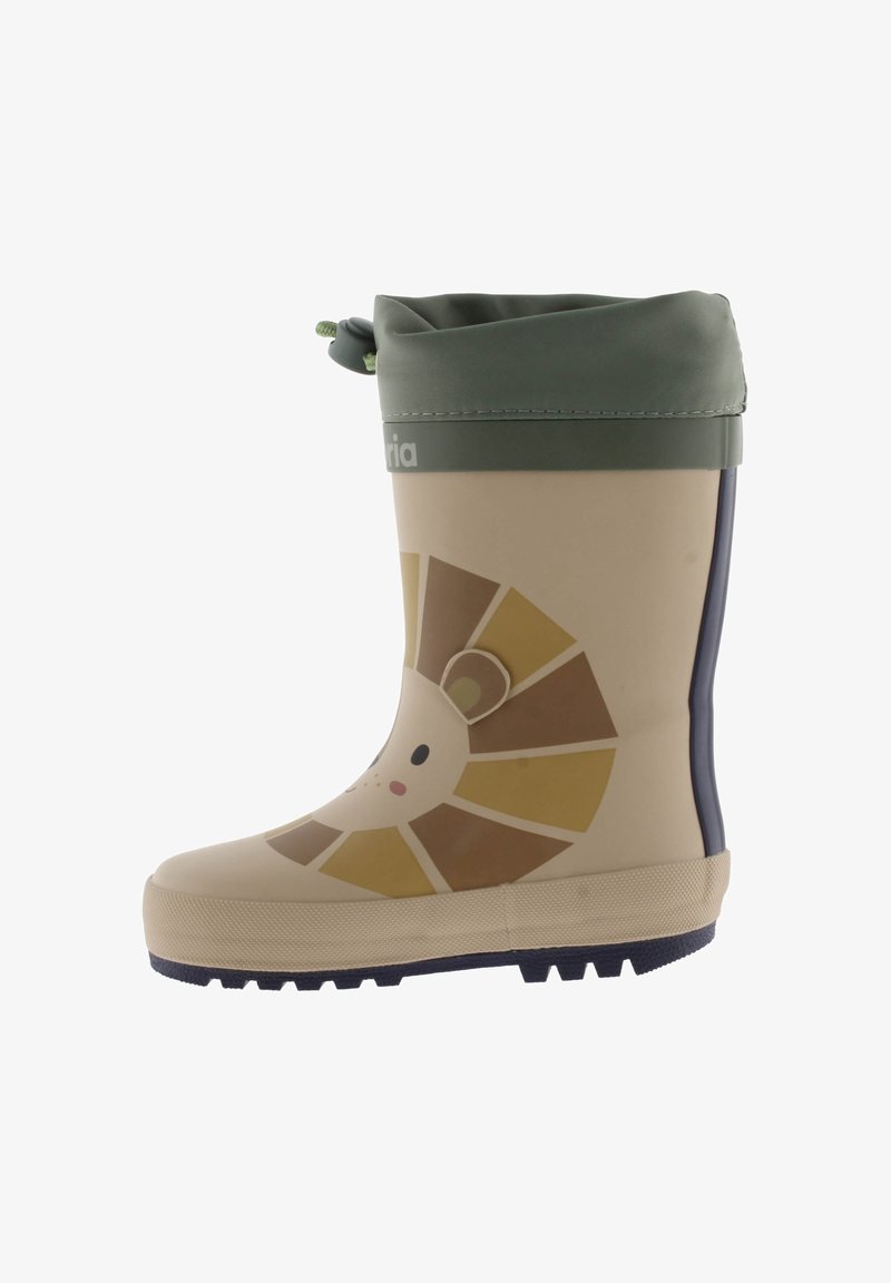 Botte de pluie pour enfant en caoutchouc beige, ornée d'un design de visage de lion avec des détails géométriques pour la crinière, un revers vert et une semelle texturée.