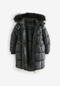 Sort oppustelig jakke med faux pelshætte, kviltet design, lynlås foran, flere lommer og ribbede manchetter for varme.