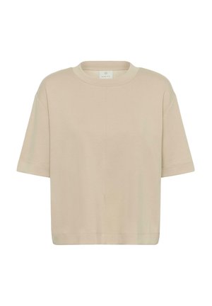 Beżowa koszulka z krótkim rękawem, okrągłym dekoltem, o luźnym kroju i minimalistycznym wzornictwie.