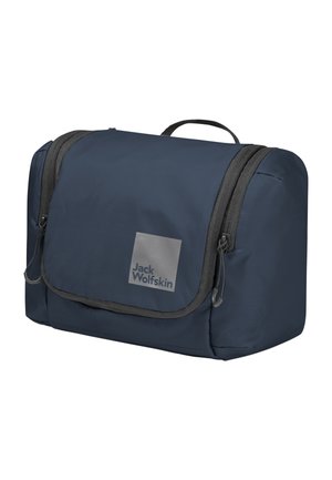 Dark blue rectangular toiletry bag with two zippered compartments, a carrying handle, and a Jack Wolfskin logo on the front flap.