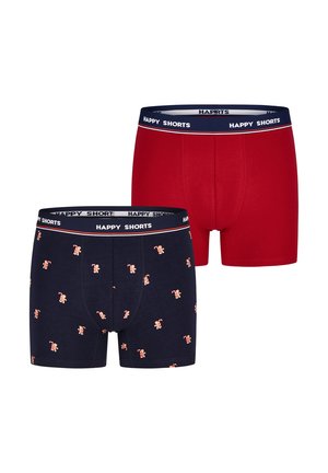 Zwei Paare Baumwoll-Boxershorts: eine rote und eine marineblaue mit einem kleinen Lebkuchenmann-Muster, beide mit einem "HAPPY SHORTS"-Bund.