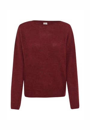 Rød, strikket sweater med en bred halsudskæring og lange ærmer. Materialet har en blød tekstur med en let løs pasform.